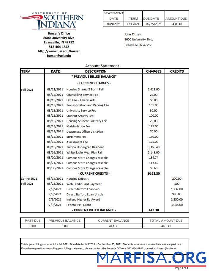 Blank USA University of Southern Indiana bank statement excel example
